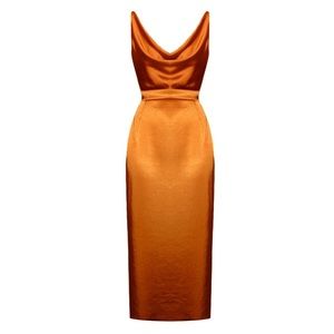 Wolf & Badger Kamea Bronze Tawny Brown Satin Draped Front Open Back Midi Dress